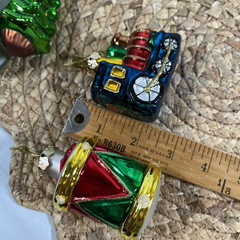 Vintage Thomas Pacconi Glass Christmas Tree 3.5” & 6.5” + Drum Train Ornaments
